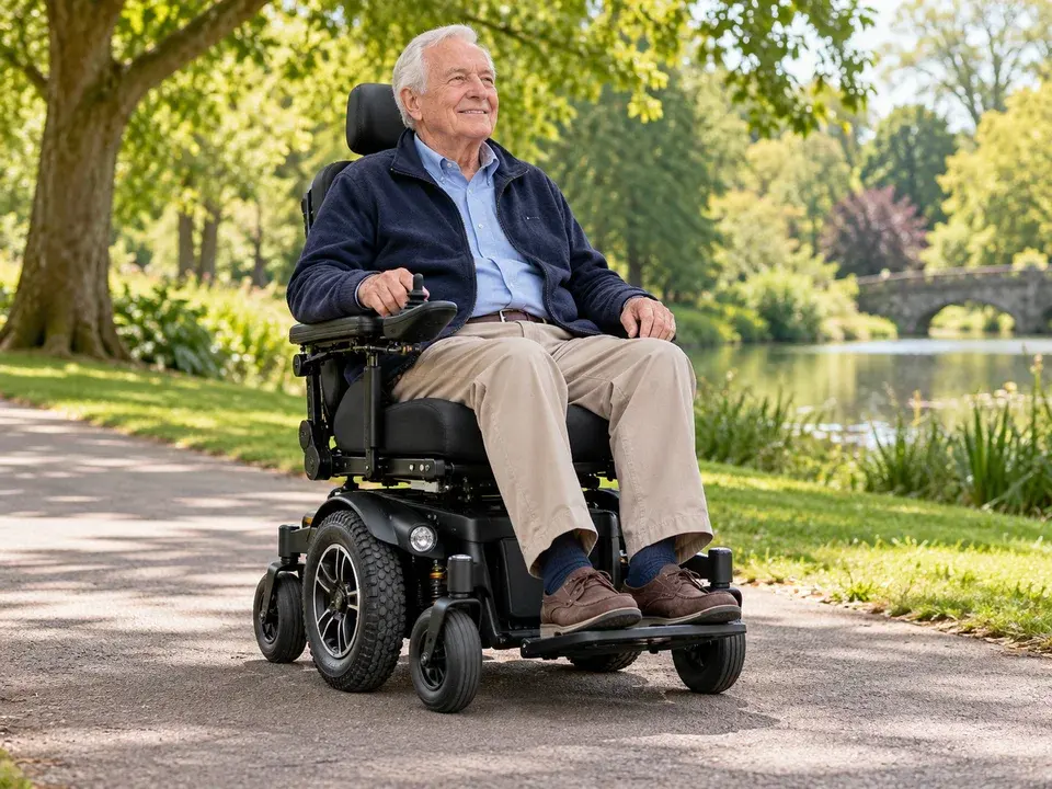 A person using a powered wheelchair outdoors