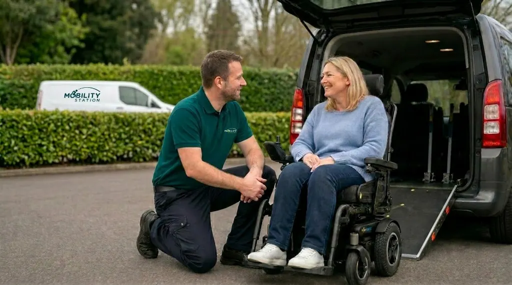 An adviser talking with a powered wheelchair user beside an accessible vehicle